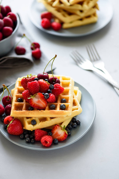 Homemade belgian waffles with berries on gray table. Healthy breakfast concept. - 写真・画像