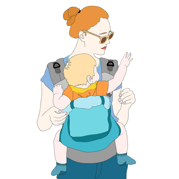 Mother and a child in a baby carry. - Vector, afbeelding