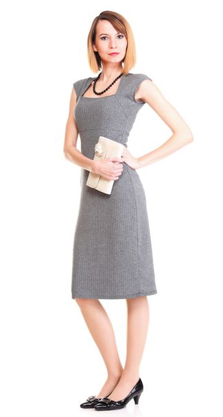 Beautiful stylish woman in elegant grey dress - Фото, зображення