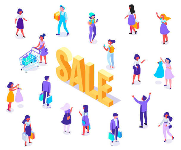 Big Sale. Isometric People vector set. Customers, buyers with shopping bags and cart. Online shopping, online ordering system isometric concept. Flat vector characters isolated on white - Vector, Image