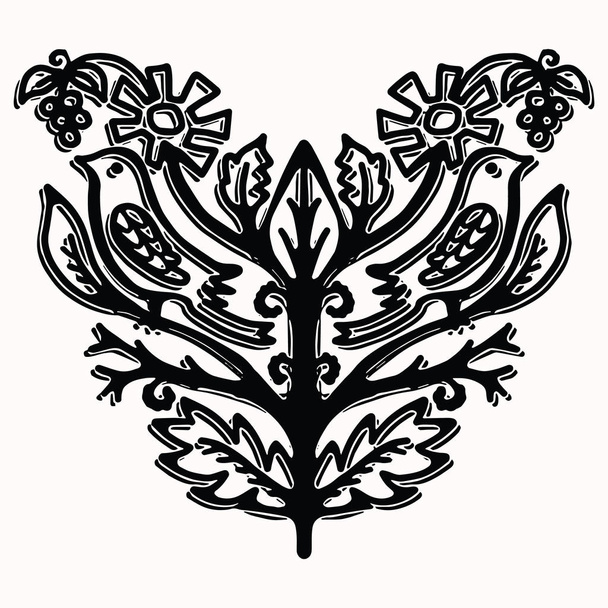 Decoratieve Paisley vogel Folk Art elementen voorontwerp. Hand getekende Linosnede blok print stijl. Zwarte folkloristische Songbird glinsterende Clip Art. Decoratieve dierlijke bloeien motief omtrek. Arabesque Tattoo symbool vorm. - Vector, afbeelding