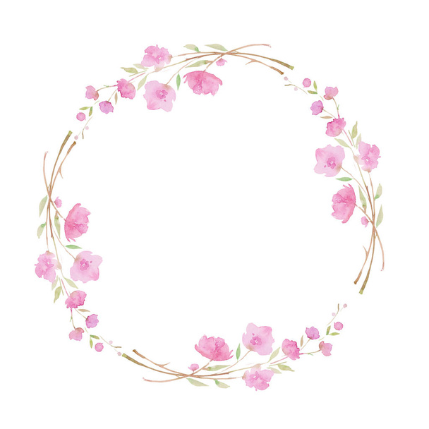 Round wreath, frame with Cherry blossom, sakura, branch with pink flowers, watercolor illustration.  - Valokuva, kuva