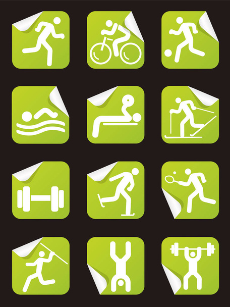 Pegatinas Grreen con iconos de fitness sport. Conjunto de pegatinas cuadradas verdes en el fondo blanco con símbolos deportivos. Vector disponible
. - Vector, imagen