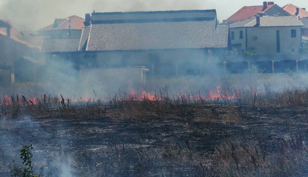 Strong smoke in steppe. Forest and steppe fires destroy fields and steppes during severe droughts. Fire, strong smoke. Blur focus due to jitter of hot hot fire. Disaster, damage, risk to houses - Photo, Image