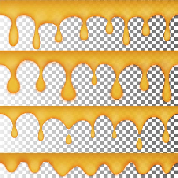 ゴールデンハチミツのドロップ、4つのシームレスなオプションのセット。透明な黄色のゼリー。透明な背景に分離されています。エプス 10 - ベクター画像
