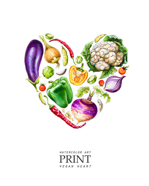 Akvarell zöldségek lefektetett formájában a szív. Ruházat, textilek, táskák vagy képeslapok nyomtatása. Húzott karfiol, padlizsán, chili, hagyma és mások. - Fotó, kép