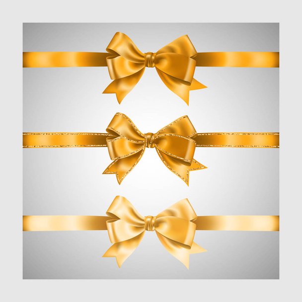 Ensemble de trois nœuds réalistes en ruban de soie doré avec des rayures brillantes dorées, des éléments d'illustration vectoriels, pour la décoration, la promotion, l'advetrisment, la vente ou la célébration bannière ou carte
 - Vecteur, image