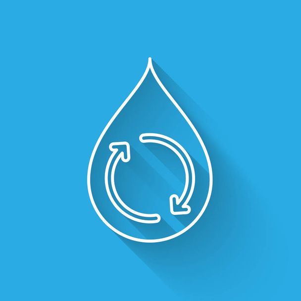 Bílá, čistá Aqua-ikona, izolovaná s dlouhým stínem. Kapka vody s recyklací podpisu. Vektorová ilustrace - Vektor, obrázek