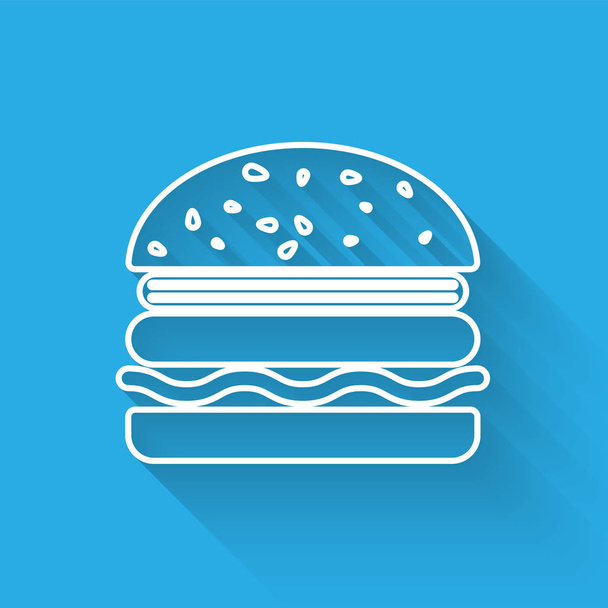 Icono de línea de hamburguesa blanca aislado con sombra larga. Icono de hamburguesa. Signo de sándwich de hamburguesa con queso. Ilustración vectorial
 - Vector, Imagen