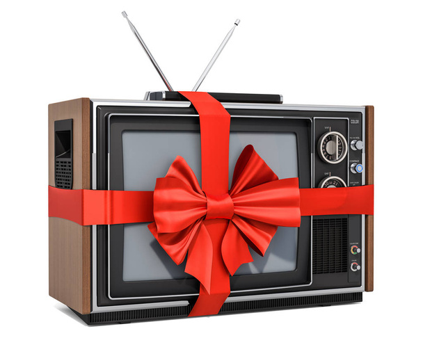 Gift concept, TV set with red ribbon and bow. 3D rendering - Foto, Bild