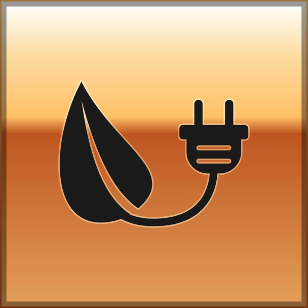 Black Electric saving plug in leaf icon isolated on gold background. Save energy electricity icon. Environmental protection icon. Bio energy. Vector Illustration - Vector, Image