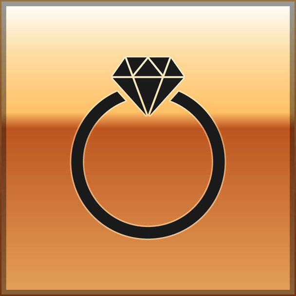 Черный бриллиант обручальное кольцо значок изолирован на золотом фоне. Векторная миграция
 - Вектор,изображение