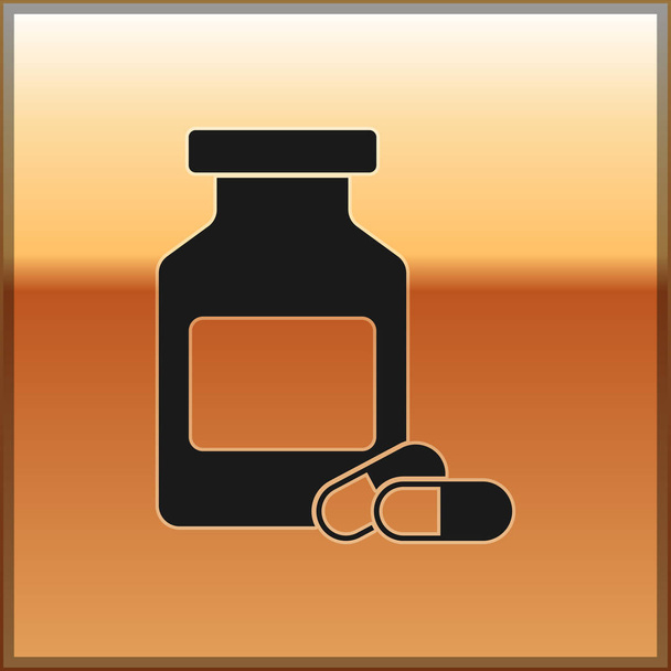 Black Medicine bottle and pills icon isolated on gold background. Bottle pill sign. Pharmacy design. Vector Illustration - Vetor, Imagem