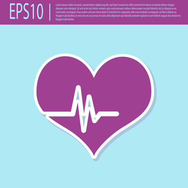 Retro lila szívfrekvencia-ikonnal izolált türkiz háttérben. Szívverés jele. Heart Pulse ikonra. Kardiogram ikon. Lapos kialakítás. Vektoros illusztráció - Vektor, kép