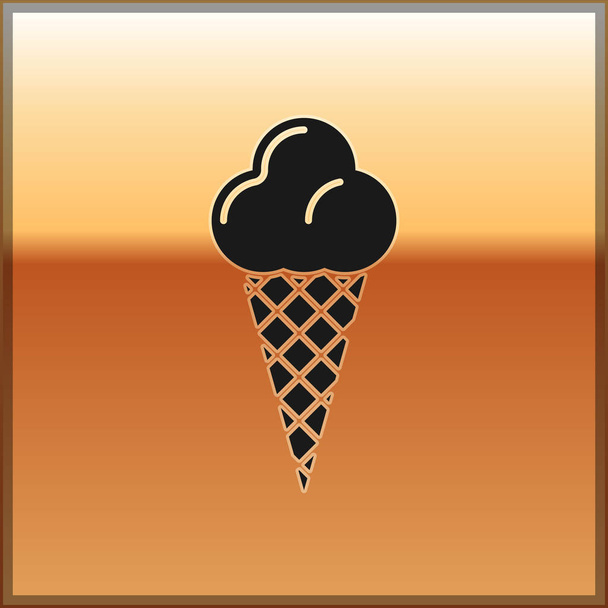Чорне морозиво в значку вафельного конуса ізольовано на золотому фоні. Солодкий символ. Векторна ілюстрація
 - Вектор, зображення