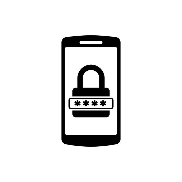 Fekete mozgatható telefon és jelszó védelem ikon elszigetelt. Biztonság, biztonság, személyes hozzáférés, felhasználói engedélyezés, adatvédelem. Vektoros illusztráció - Vektor, kép