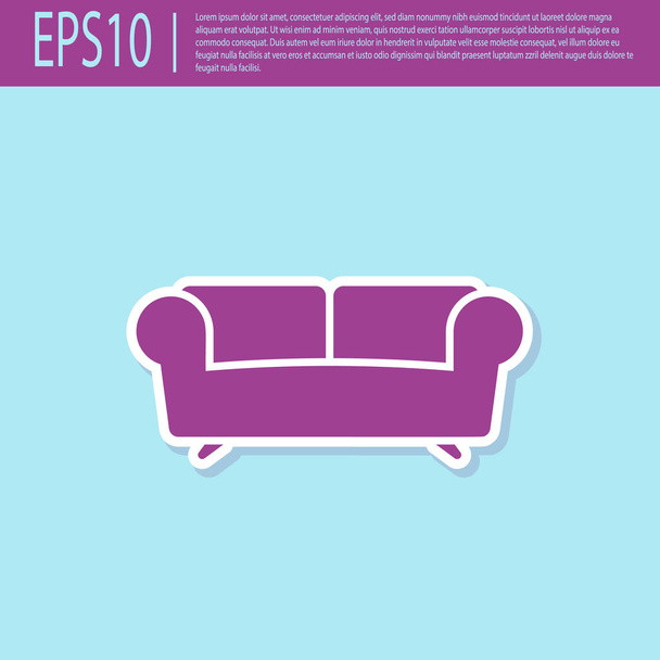 Ρετρό μοβ εικονίδιο καναπέ απομονωθεί σε τυρκουάζ φόντο. Επίπεδη σχεδίαση. Απεικόνιση διανυσματικών φορέων - Διάνυσμα, εικόνα