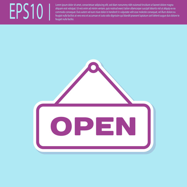 Retro purple Hanging sign with text Open door icon isolated on turquoise background. Vector Illustration - Vector, Image