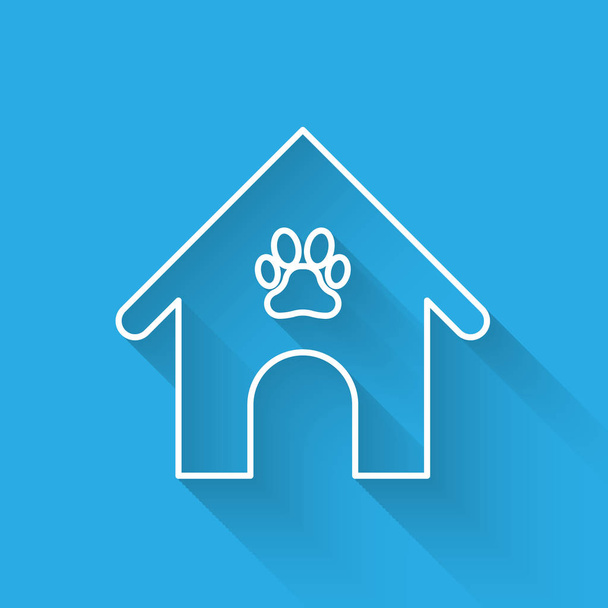 Beyaz Köpek ev ve pençe baskı pet çizgi simgesi uzun gölge ile izole. Köpek kulübesi. Vektör İllüstrasyonu - Vektör, Görsel