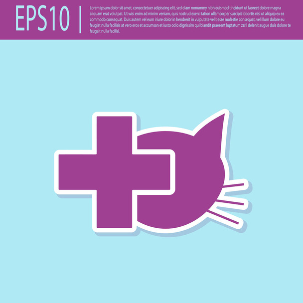 Icono de símbolo de la clínica veterinaria púrpura retro aislado sobre fondo turquesa. Cruza con la atención veterinaria del gato. Signo de primeros auxilios. Ilustración vectorial
 - Vector, imagen