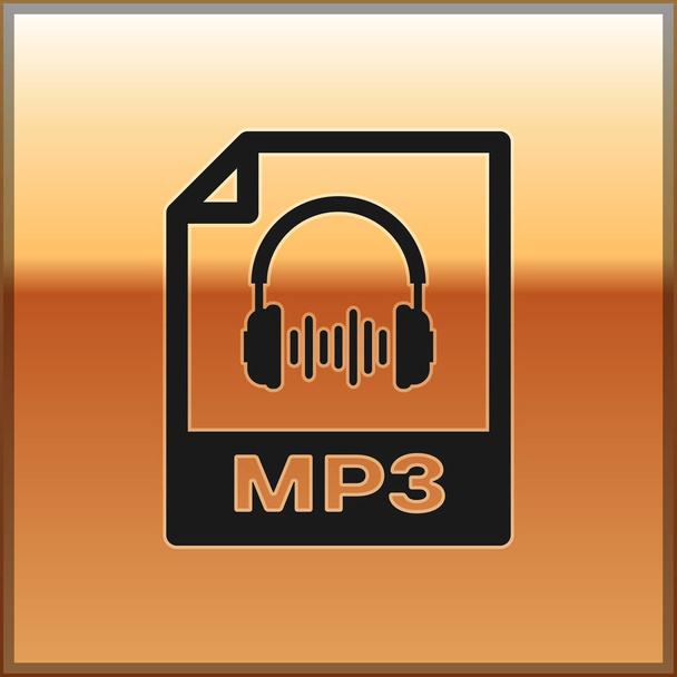 Ikona dokumentu černého souboru MP3. Ikona tlačítka MP3 Stáhnout je izolovaná na zlatém pozadí. Symbol formátu MP3 Music. Symbol souboru MP3. Vektorová ilustrace - Vektor, obrázek