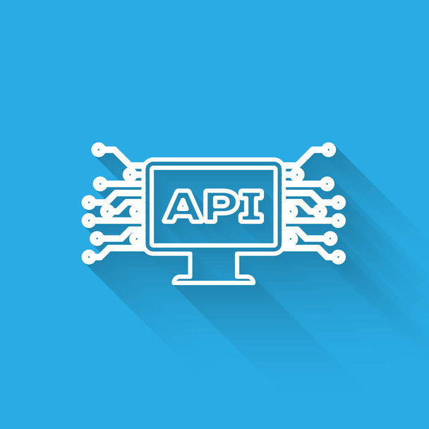 Witte computer API-interface lijn pictogram geïsoleerd met lange schaduw. API-technologie voor Application Programming Interface. Software-integratie. Vector illustratie - Vector, afbeelding