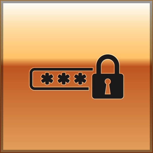 Czarny Ochrona hasłem i ikona dostępu do bezpieczeństwa izolowane na złotym tle. Ikona kłódki. Bezpieczeństwo, bezpieczeństwo, ochrona, koncepcja prywatności. Ilustracja wektorowa - Wektor, obraz