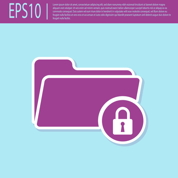 Retro lila Folder és Lock ikon izolált türkiz háttérben. Zárt dosszié és lakat. Biztonság, biztonság, védelmi koncepció. Vektoros illusztráció - Vektor, kép