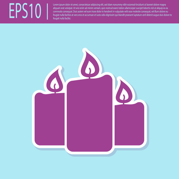 Retro purple Burning candles icon isolated on turquoise background. Old fashioned lit candles. Cylindrical aromatic candle sticks with burning flames. Flat design. Vector Illustration - Vector, Image