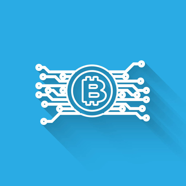 Біла концепція криптовалюти Bitcoin в колі з піктограмою лінії мікросхеми ізольовані з довгою тінь. Блокчейн-технології, ринок цифрових грошей. Векторна ілюстрація
 - Вектор, зображення