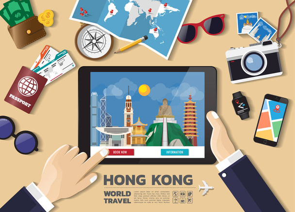 Κρατώντας το χέρι σας με τον έξυπνο προορισμό κρατήσεων tablet. Χονγκ Κονγκ φ - Διάνυσμα, εικόνα