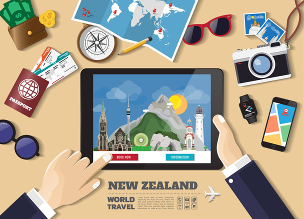 Hand holding smart tablet booking travel destination.New zealand - Vector, Image