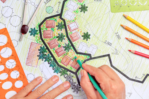 Landschaftsarchitektur entwerfen Gartenplan für Wohnbauträger - Foto, Bild