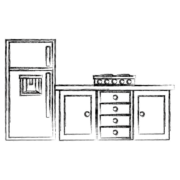 cassetto della cucina in legno con piano cottura e frigorifero
 - Vettoriali, immagini