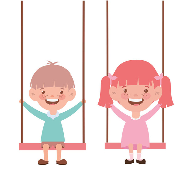 paar baby in Swing glimlachend op witte achtergrond - Vector, afbeelding