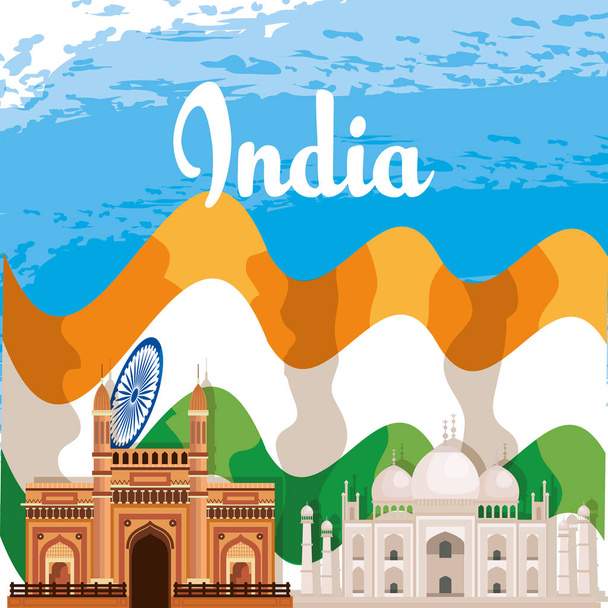 india architecture with taj mahal and flag - Vector, Image