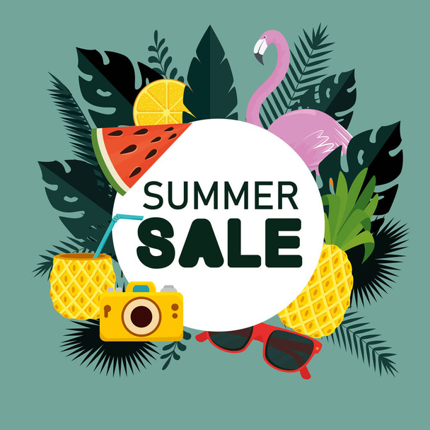 sale of tropical fruits with flamish and leaves plants - Vector, Imagen