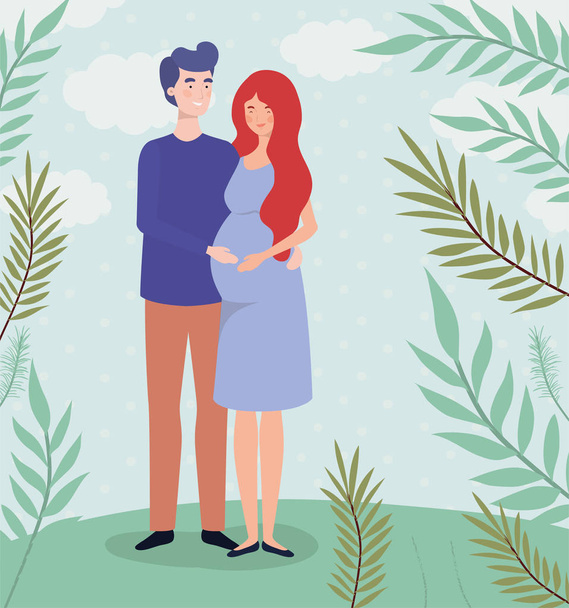 cute lovers couple pregnancy characters in the landscape - Vector, Image