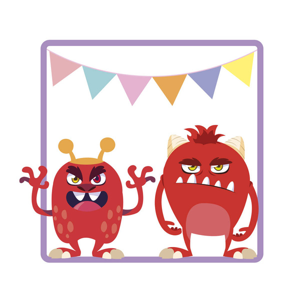 square frame with funny monsters and garlands hanging - Vector, Image