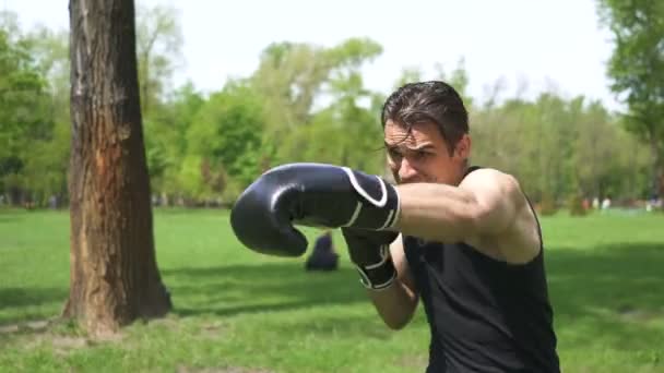 4. Nuori lihaksikas nyrkkeilijä treenaa varjolla. Ulkonyrkkeily vakaa laukaus. Itsepuolustusryhmä
 - Materiaali, video