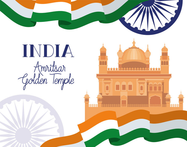 Indian Amritsar złotej świątyni z flagą - Wektor, obraz