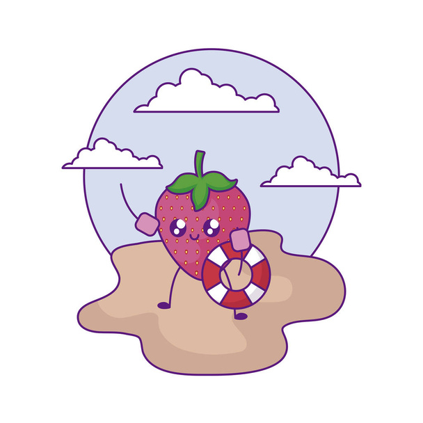 fresa con carrozas en la playa kawaii
 - Vector, imagen