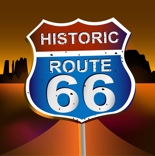 Route 66 і Гранд-Каньйон пустельна ілюстрація ландшафту. Маршрут 66, проїжджу частину з покажчиком, горизонт з піщаною пустки. Концепція подорожі фон - Вектор, зображення