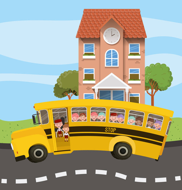 school building and bus with kids in the road scene - Vector, Image