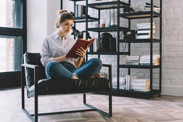 Pensive young woman holding bestseller in hands and reading information enjoying leisure time at home interior.Concentrated hipster girl studying ar textbook in flat with modern furniture - Фото, изображение