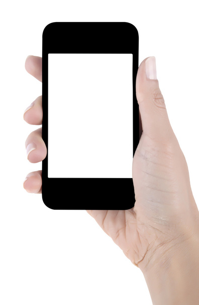 Mano sosteniendo la pantalla en blanco teléfono móvil
 - Foto, imagen