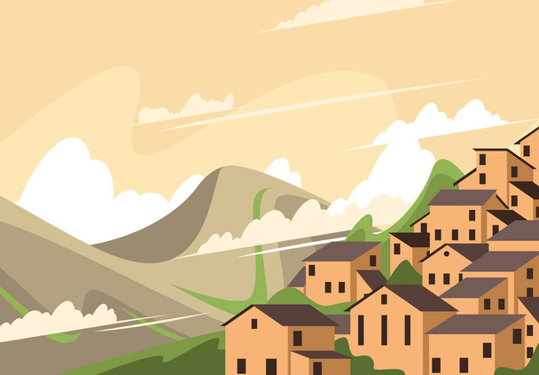 Illustration vectorielle d'un petit village, implantations sur terrain vallonné, contre la silhouette des montagnes et des collines, beau paysage rural européen
 - Vecteur, image