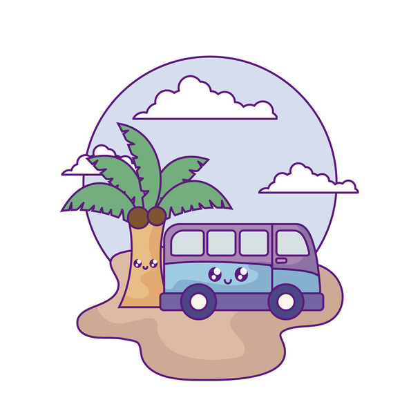 van vehicle with palm tropical kawaii in the beach - Vettoriali, immagini
