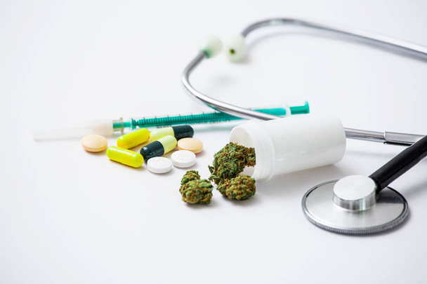 Medical Marijuana Close Up Cannabis Buds With Doctors Prescription For Weed. Medicinal Pot With Stethoscope. Selective Focus With Copy Space. - Foto, afbeelding