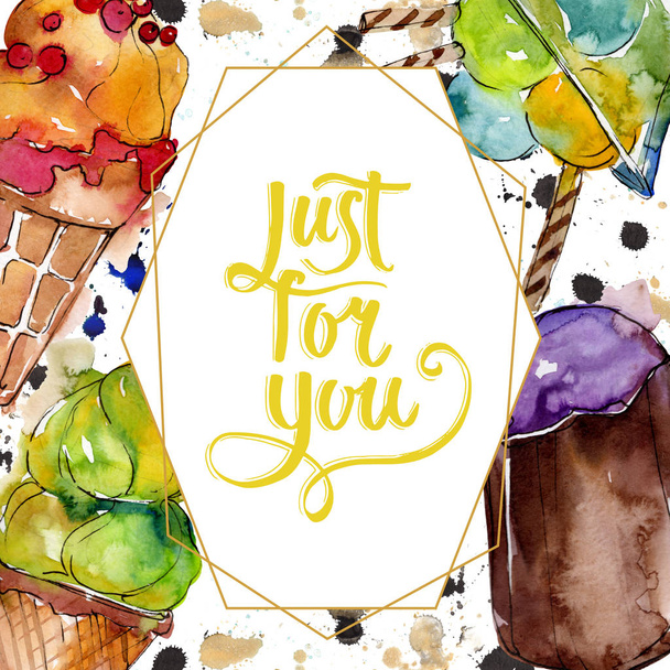 Вкусное мороженое в акварельном стиле. Иллюстрация сладкого десерта Aquarelle. Граничный орнамент
. - Фото, изображение